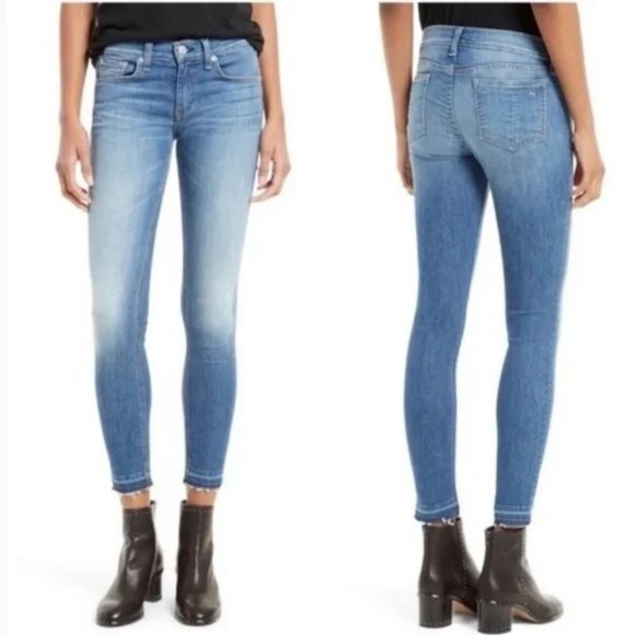rag & bone Denim - RAG & BONE Ankle Skinny Jeans, Blue Light Denim Cotton Frayed Hem Casual, 27